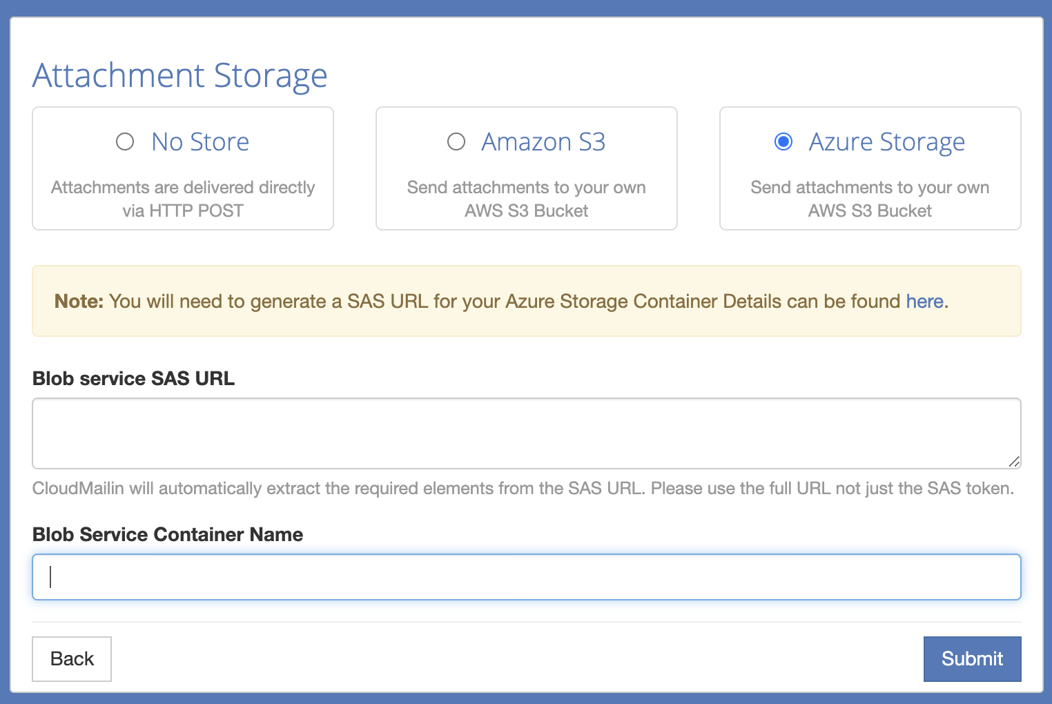 configuring CloudMailin Azure screenshot
