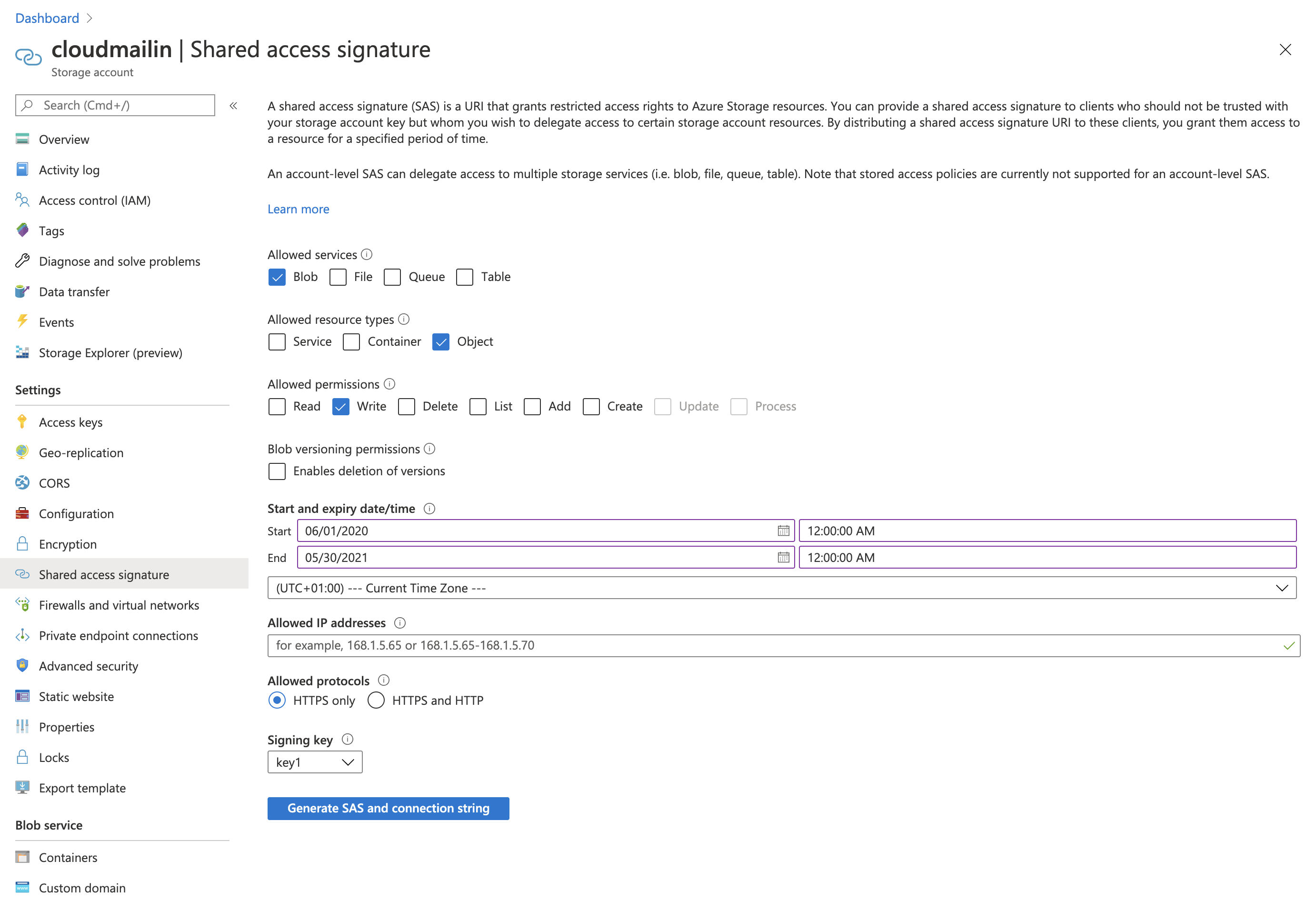 creating a SAS url screenshot