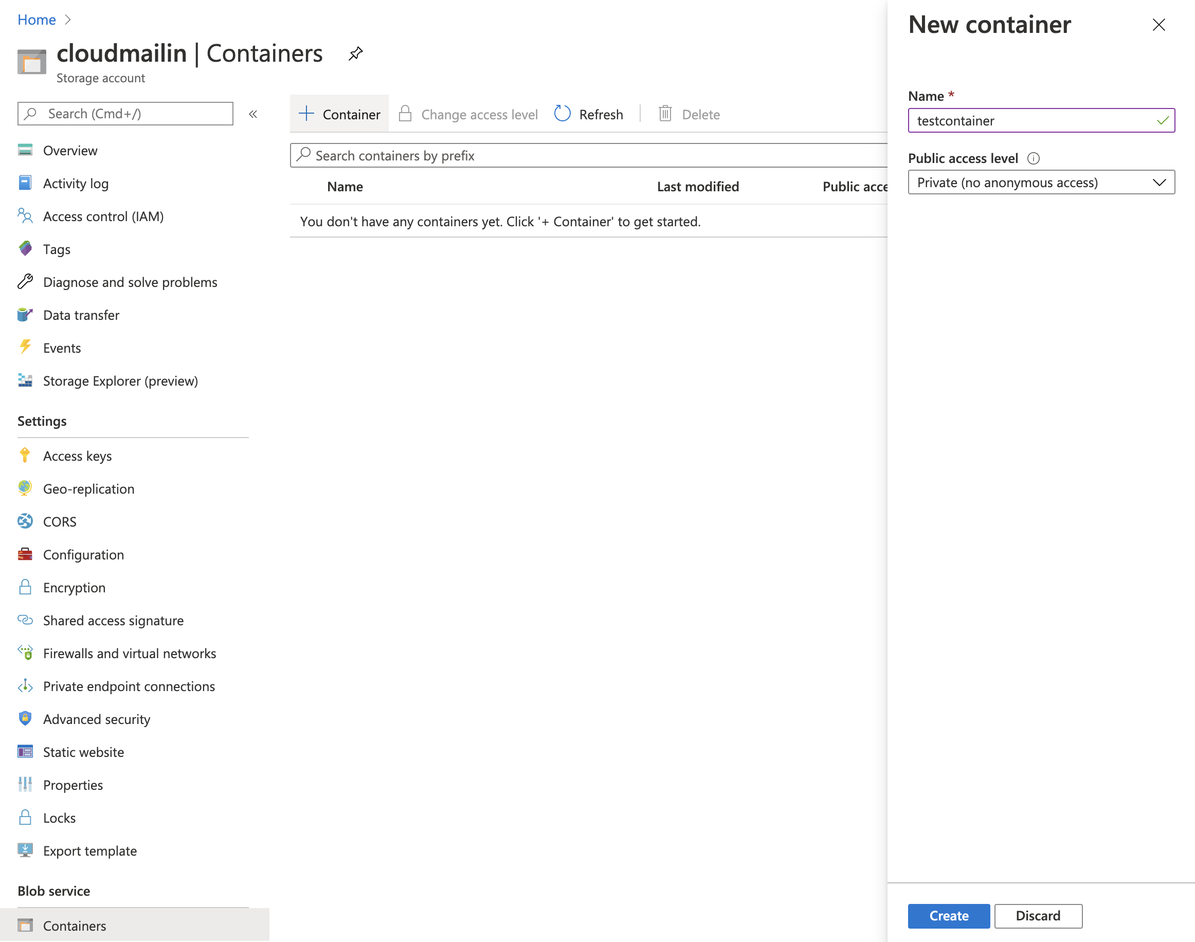 creating a storage container in azure screenshot