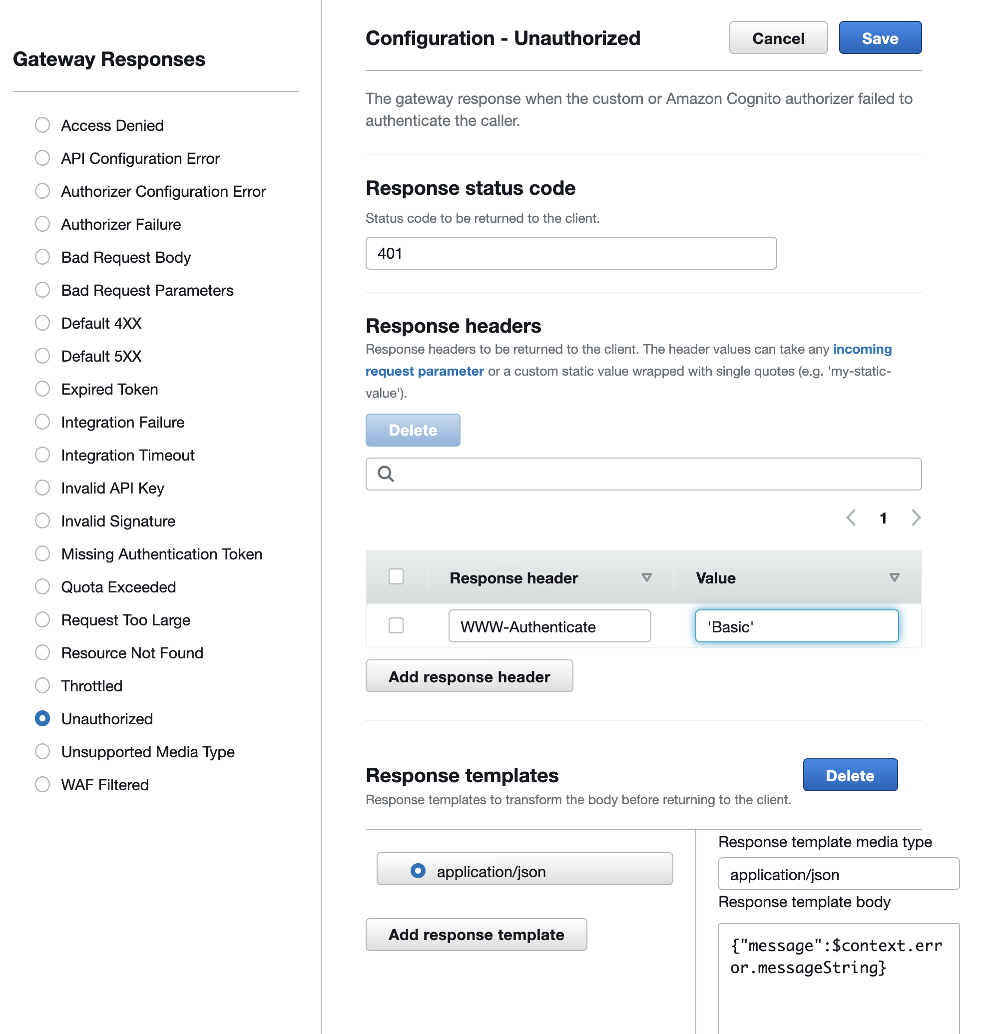 Setting a custom 401 response in API Gateway