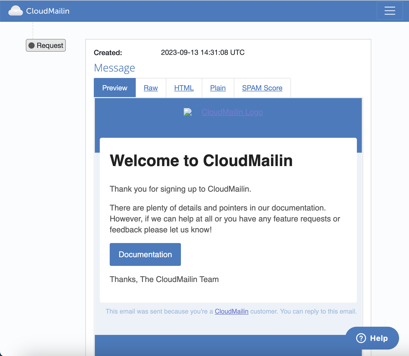 CloudMailin dashboard showing rendered preview of a sent email