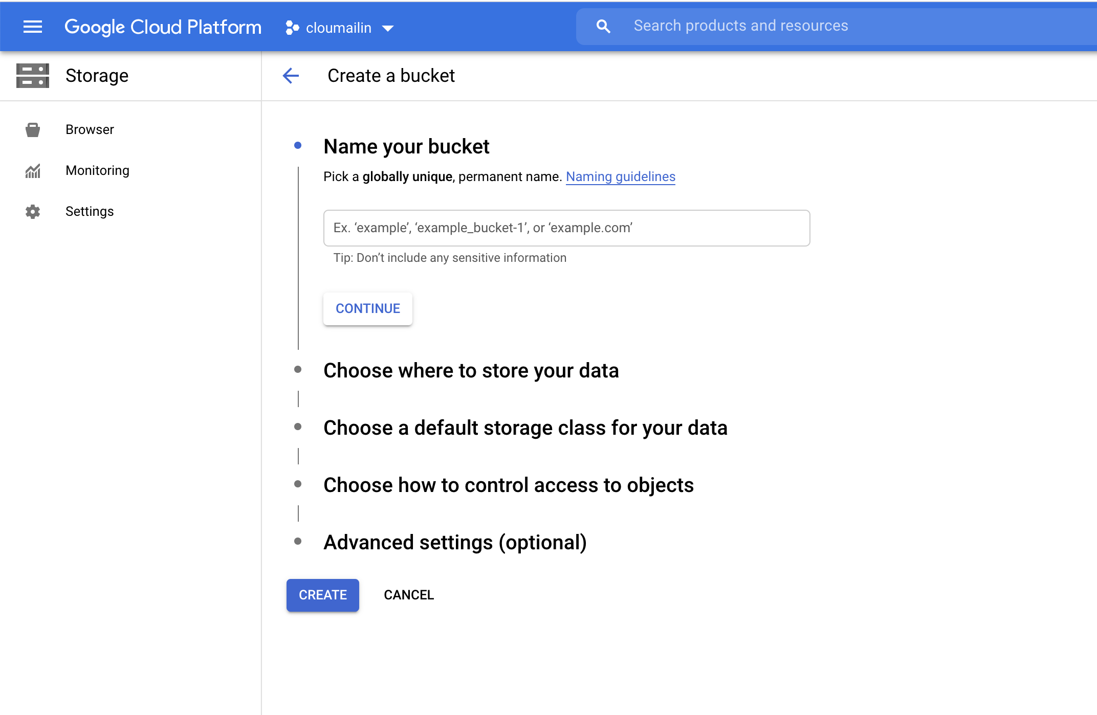 Create google cloud storage bucket to store attachments