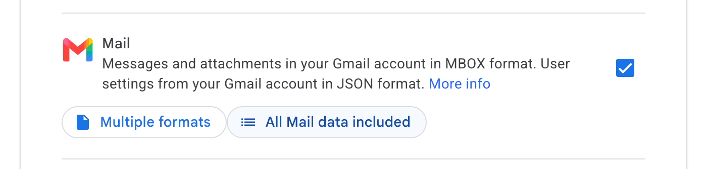 The Mail row in Google Takeout, showing the "All Mail data included" button