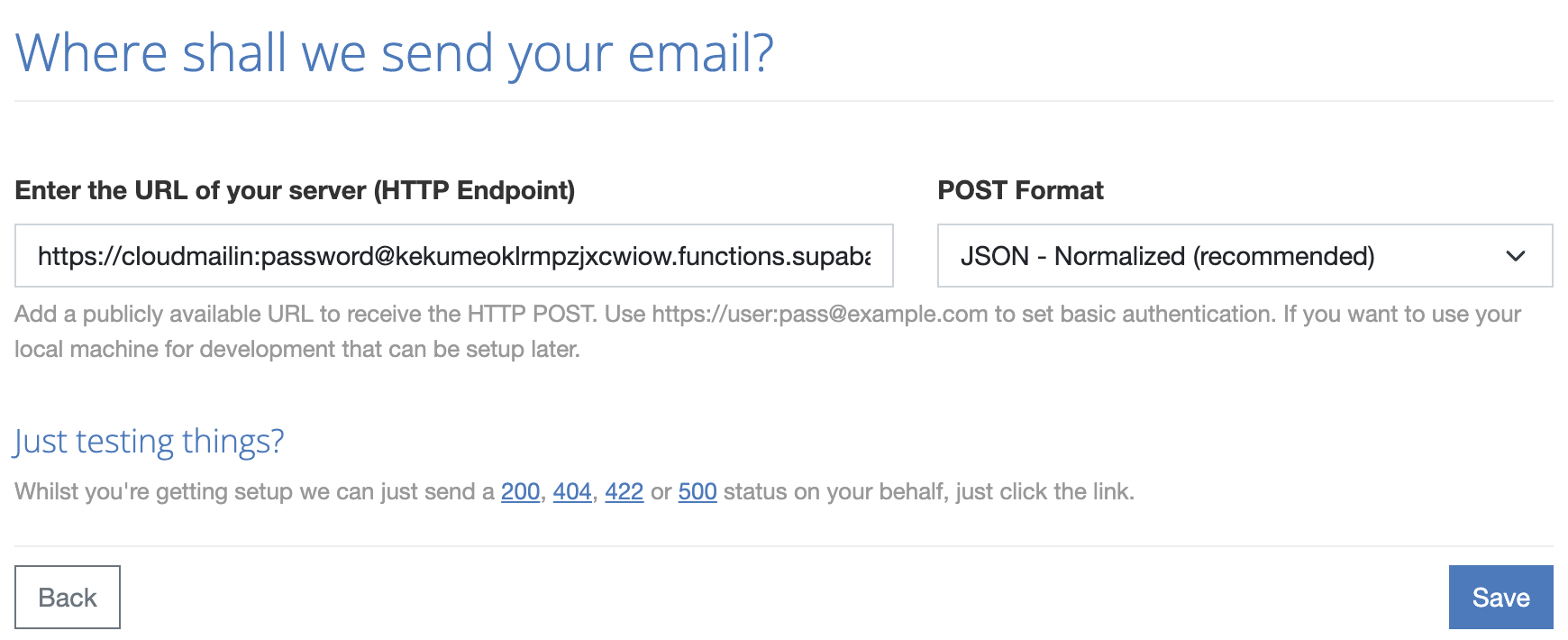 Configuring CloudMailin to send email to supabase