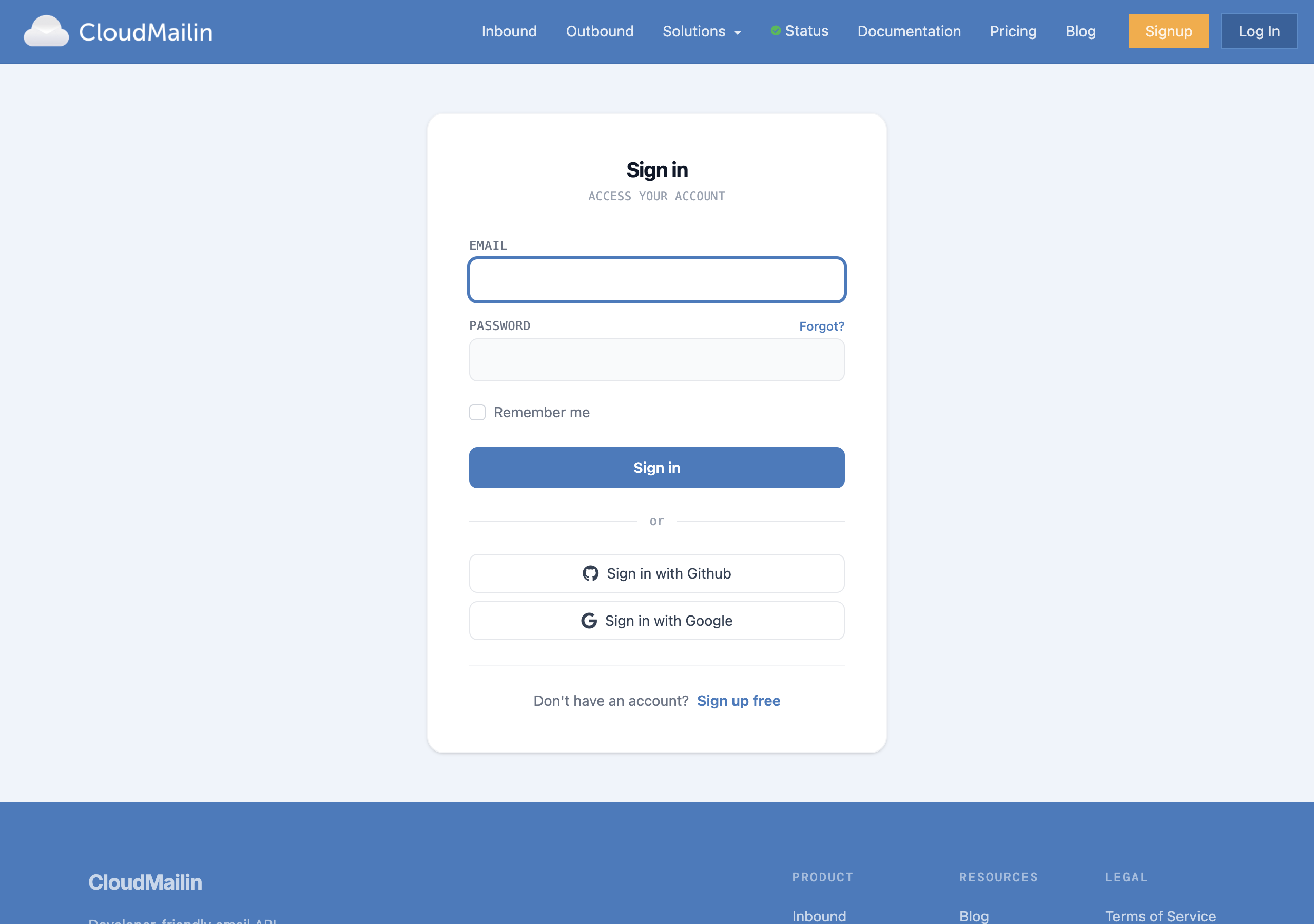 CloudMailin's refreshed sign-in page