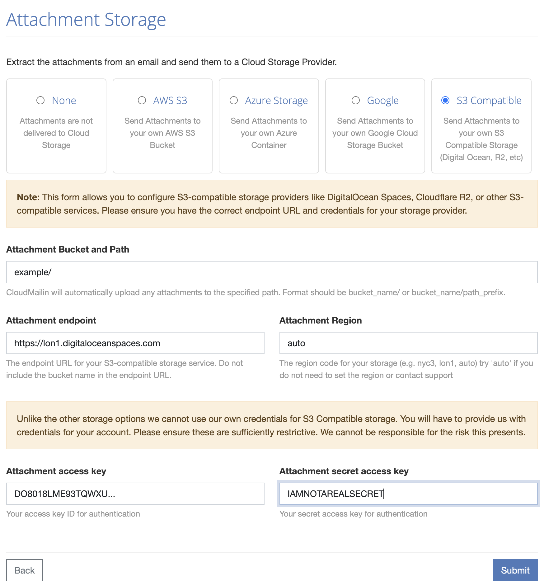 Create CloudMailin S3 Compatible Storage