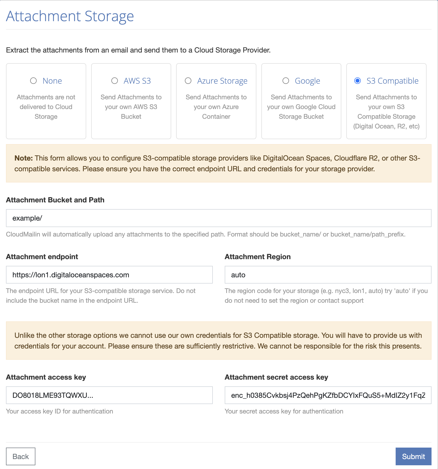 Update CloudMailin S3 Compatible Storage