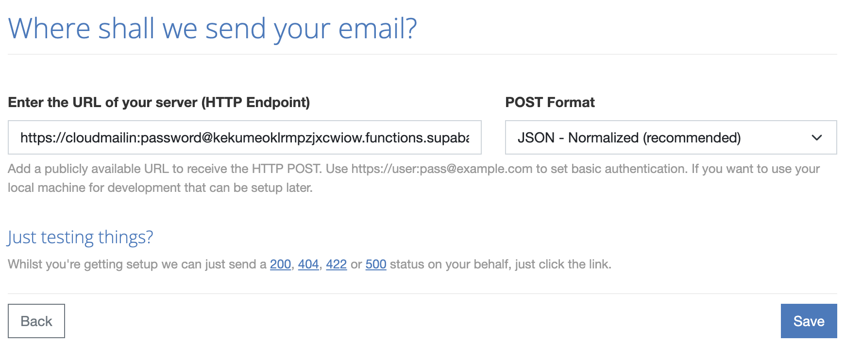 CloudMailin screenshot showing webhook target