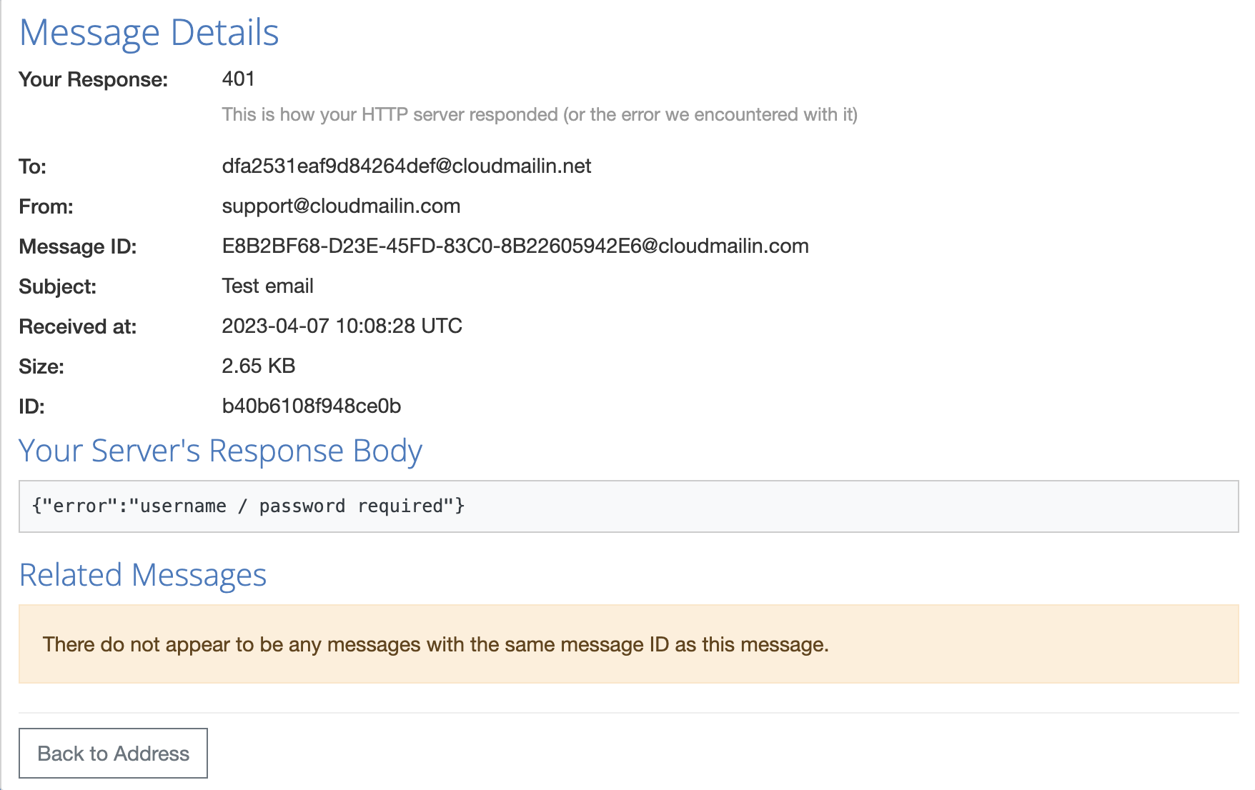 CloudMailin Screenshot showing error message returned from Next.js