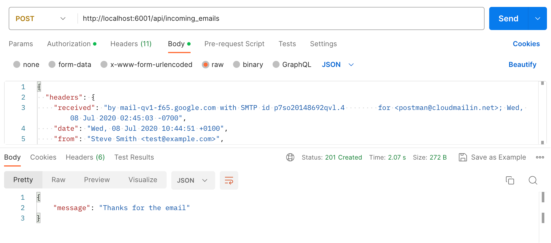 Postman screenshot showing Email received in Next.js with CloudMailin